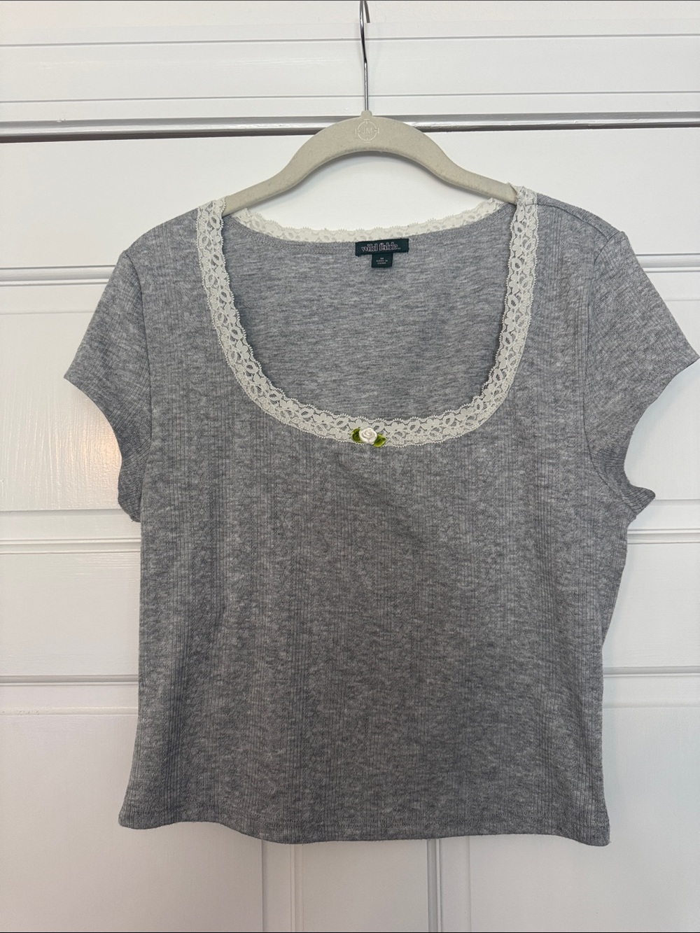 wild fable Gray Short Sleeve Scoop Tee with Cream Lace Trim